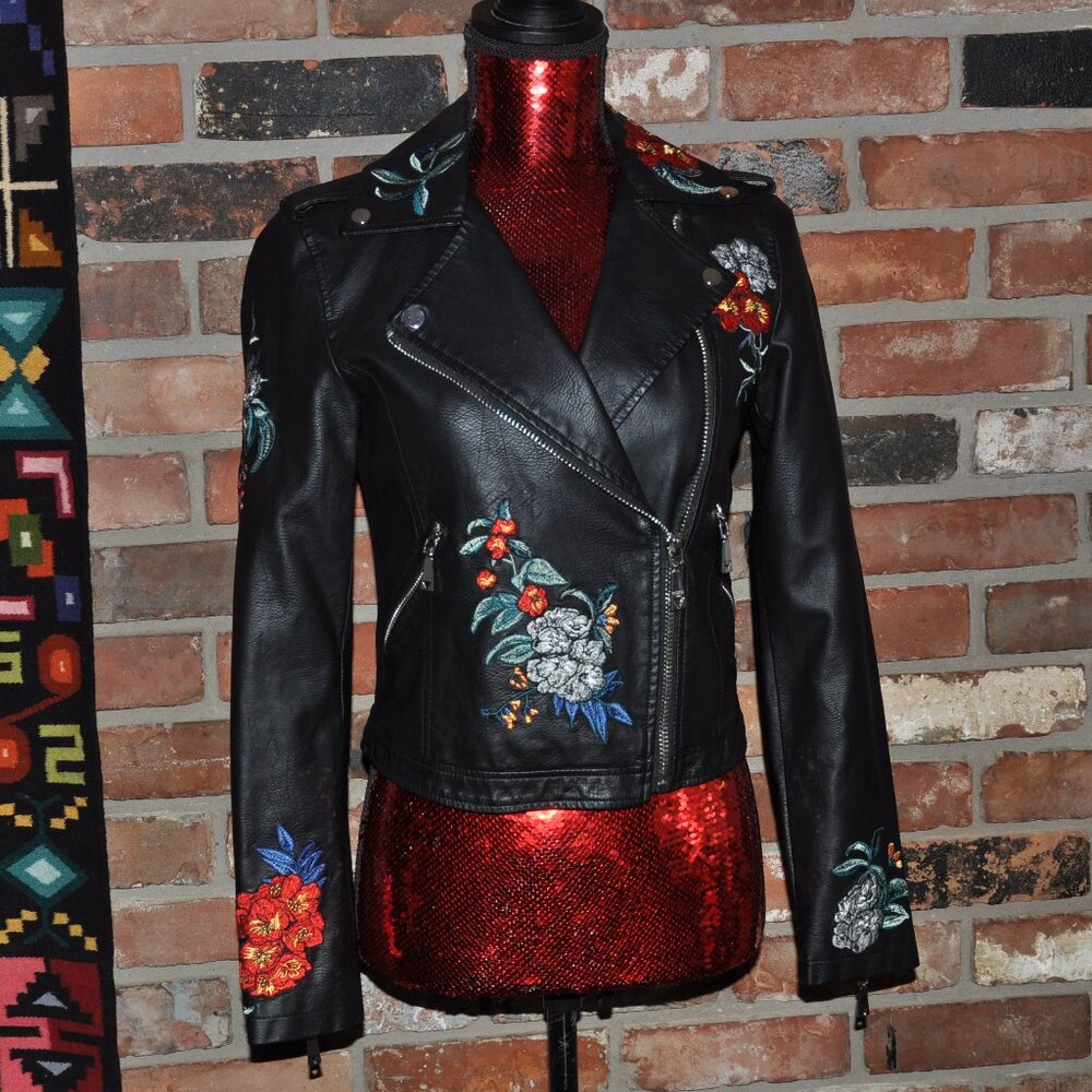 Guess Floral Embroidered Faux Leather Moto Jacket XS